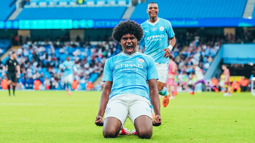 HAPPY HESKEY : Jaden Heskey in wonderland after making it 2-0 to City in the FA Youth Cup final