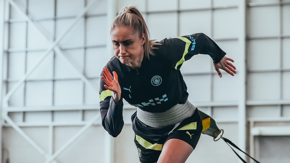 STRENGTH  : Captain Steph Houghton is put through her paces 