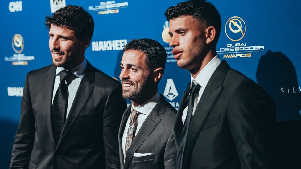 TOP TRIO : Ruben Dias, Bernardo Silva and Matheus Nunes smile for the cameras on the red carpet