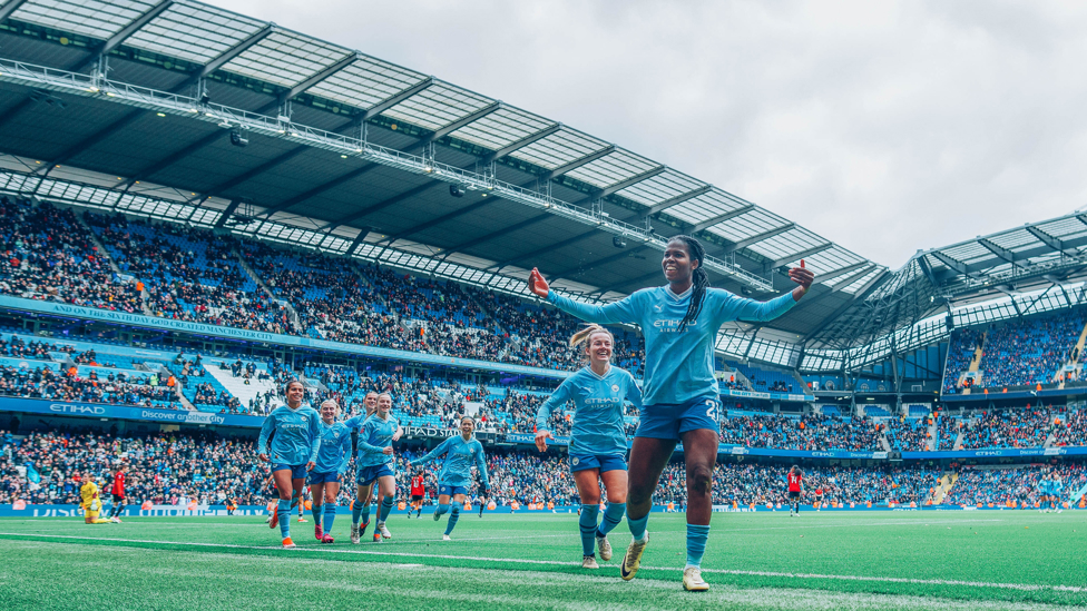 RECORD BREAKER : Khadija 'Bunny' Shaw's strike in our 3-1 Manchester derby win saw her become the Club's record goalscorer in March 2024