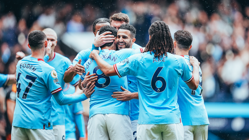 TEAM TOGETHERNESS: The team celebrate the taking a 2 goal lead