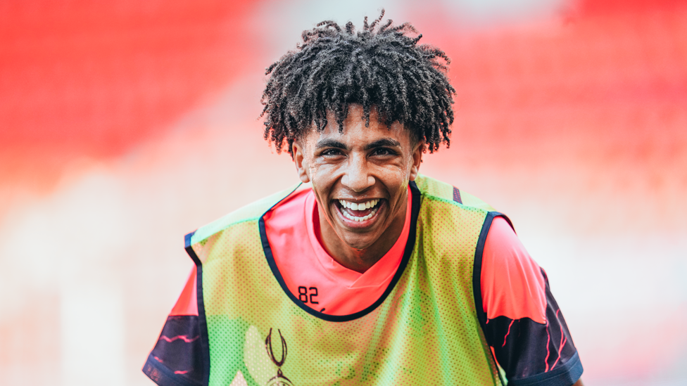 LAUGHING LEWIS : Rico Lewis looking thrilled to be training following his new contract.