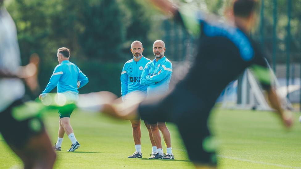 DYNAMIC DUO : Enzo Maresca and Pep Guardiola pictured during today's session