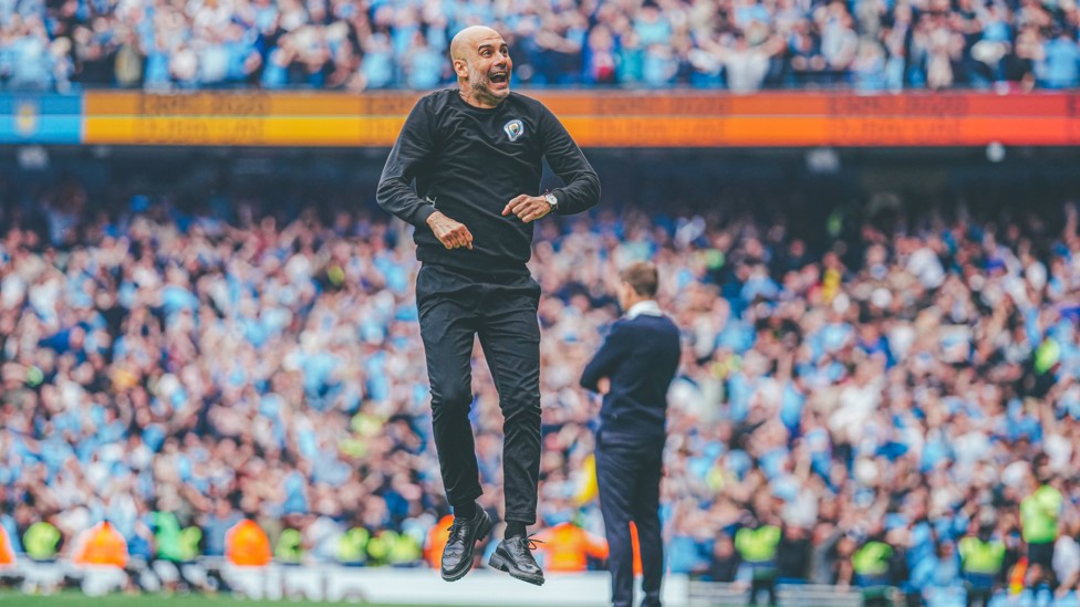 LIFT OFF : Pep in celebration following our epic comeback to beat Aston Villa 3-2 and seal the Premier League crown on the final day of 2021/22.  