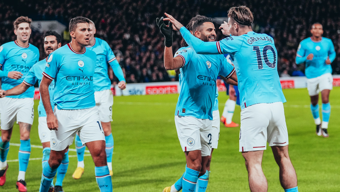 HIGH FIVES: Mahrez celebrates with Grealish.