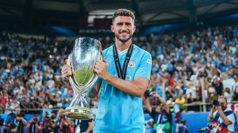 THANK YOU, AYMERIC : Laporte pictured with his 13th piece of silverware since joining City, the Super Cup, in August 2023.