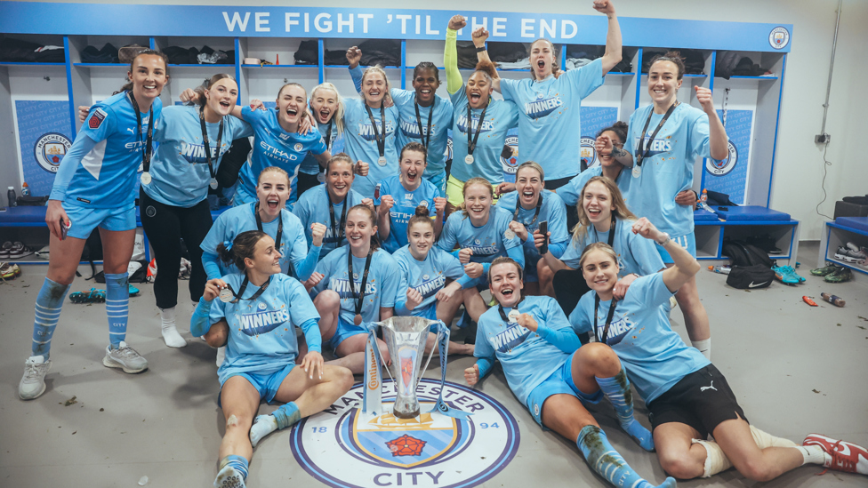 CONTI CUP WINNERS : City celebrate the Continental Cup final success over Chelsea on 5 March