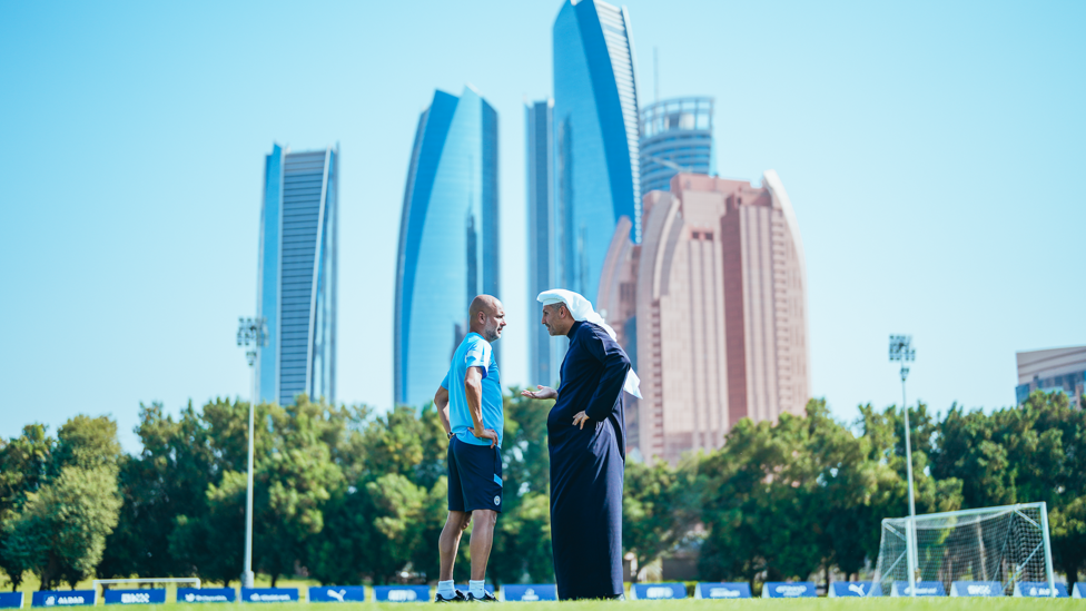 MEETING OF MINDS : Pep Guardiola and Khaldoon Al Mubarak meet during our warm weather training camp in Abu Dhabi in December