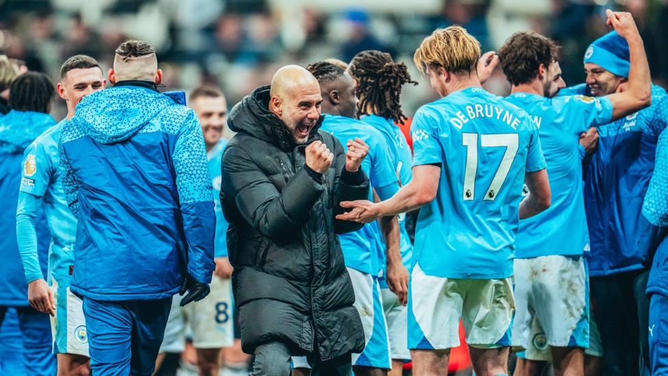 WELCOME BACK : Pep celebrates with Kevin De Bruyne after his huge impact against Newcastle