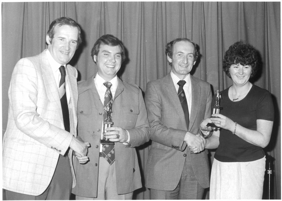 PRESENTATION TIME : Bernard (left) hands out awards at a presentation evening with Bernard always a regular visitor to supporters' awards nights and functions