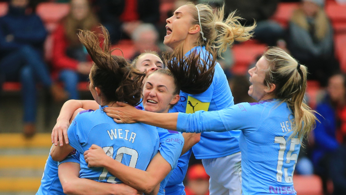 DERBY DELIGHT: The City players celebrate Ellen White's opener