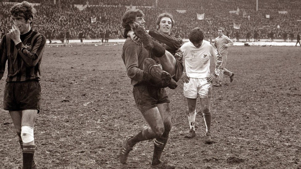 CUP FINAL : Corrigan celebrates after winning the 1970 League Cup