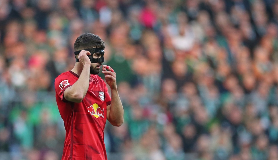 THE MASKED DEFENDER: :  Gvardiol pictured wearing face protection during Leipzig’s Bundesliga match against SV Werder Bremen in November 2022 -