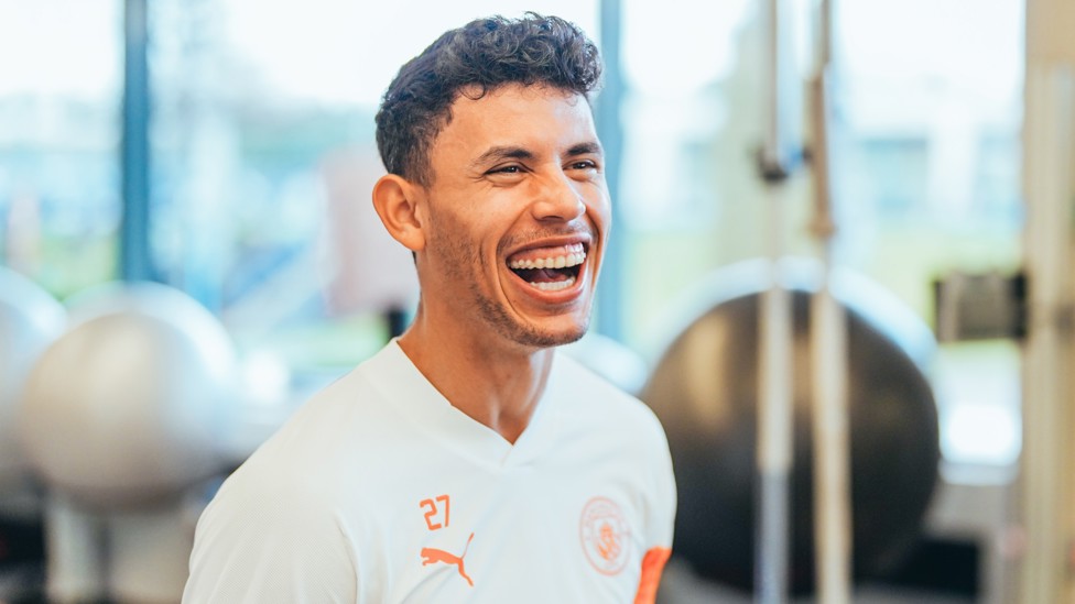 WHAT'S SO FUNNY? : Matheus Nunes enjoying a joke or two in the gym. 