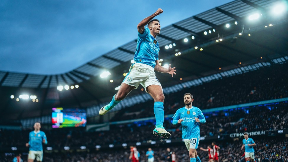 RODRI ROCKET : Is it a bird? Is it a plane? No it's our very own superhero Rodrigo opening the scoring in the final home game of 2023 - a 2-0 win over Sheffield United