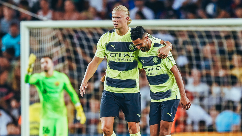 MAHRVELLOUS : Riyad and Erling celebrate the late goal to make it 3-3 from the penalty spot.