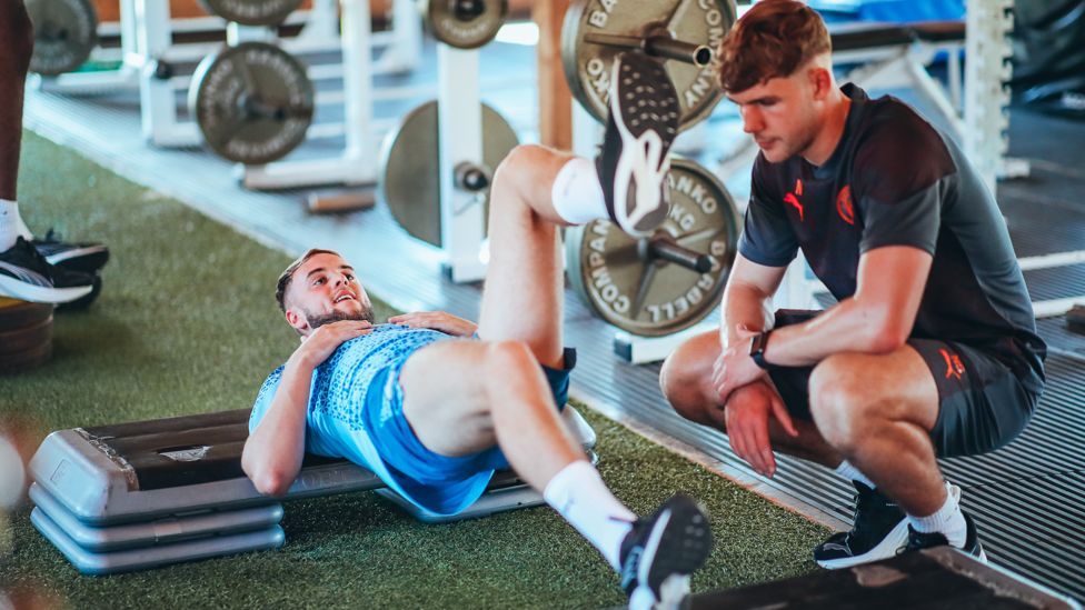 BALANCING ACT : Josh Adam puts his core strength to the test in the gym