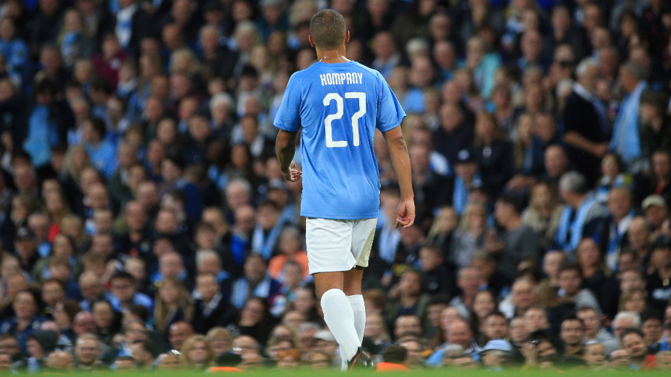 Manchester City Legend's and Premier League All Stars XI players hold up a  banner for the Tackle4MCR campaign prior to the beginning of the Vincent  Kompany Testimonial at the Etihad Stadium, Manchester