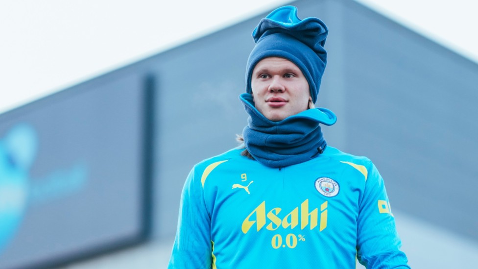 HAT TRICK: Erling Haaland sported some nifty City head gear to keep out the November chill.