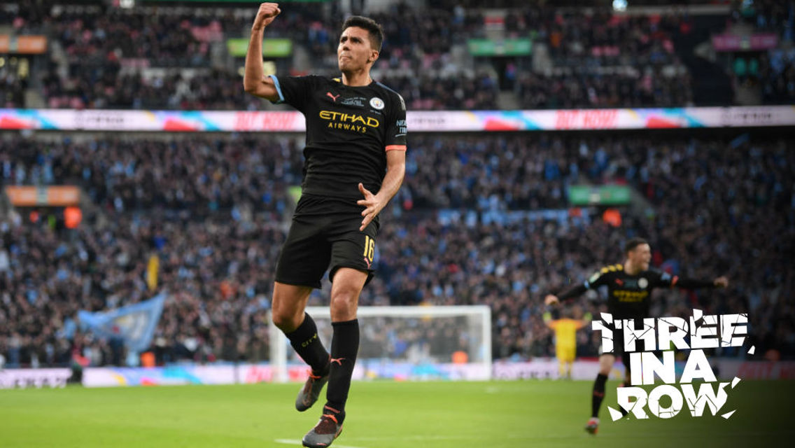 GET IN: Rodri's celebrates with the City fans after putting us 2-0 up