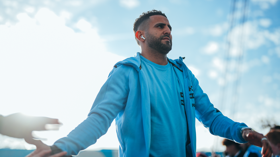 READY RIYAD : Mahrez arrives and greets the fans at the Etihad Stadium.