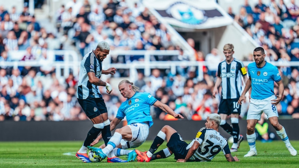 HUSTLING HAALAND: Erling gets stuck in after the hosts equalise from the spot