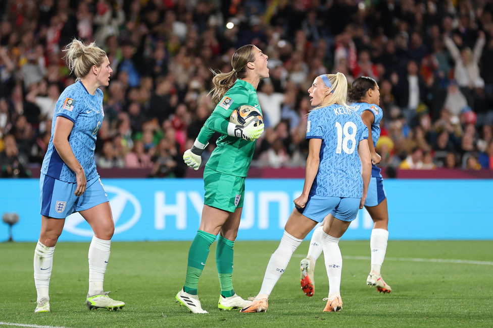 ROARING LIONESSES : You can see what it means to Earps and her team mates to save the penalty in the 70th minute.