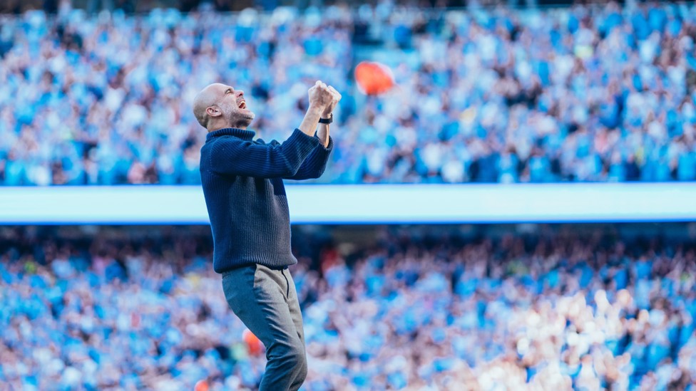 FOURTH : The boss celebrates during our win over West Ham which sealed the 2023/24 Premier League crown – our fourth in succession. 