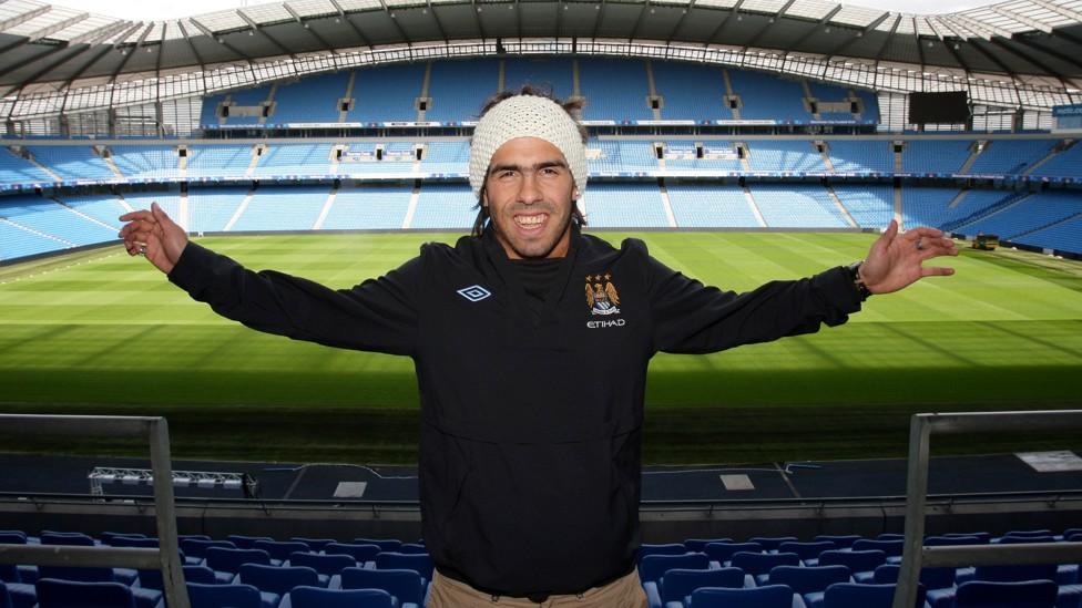 ENJOYING THE ETIHAD : Carlos Tevez taking in the scenery when he joined City in 2009. 