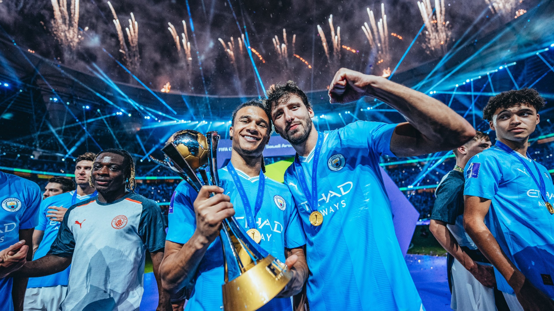 WORLD CLASS: Nathan and team mate Ruben Dias celebrate City's 2023 FIFA Club World Cup triumph in Jeddah.