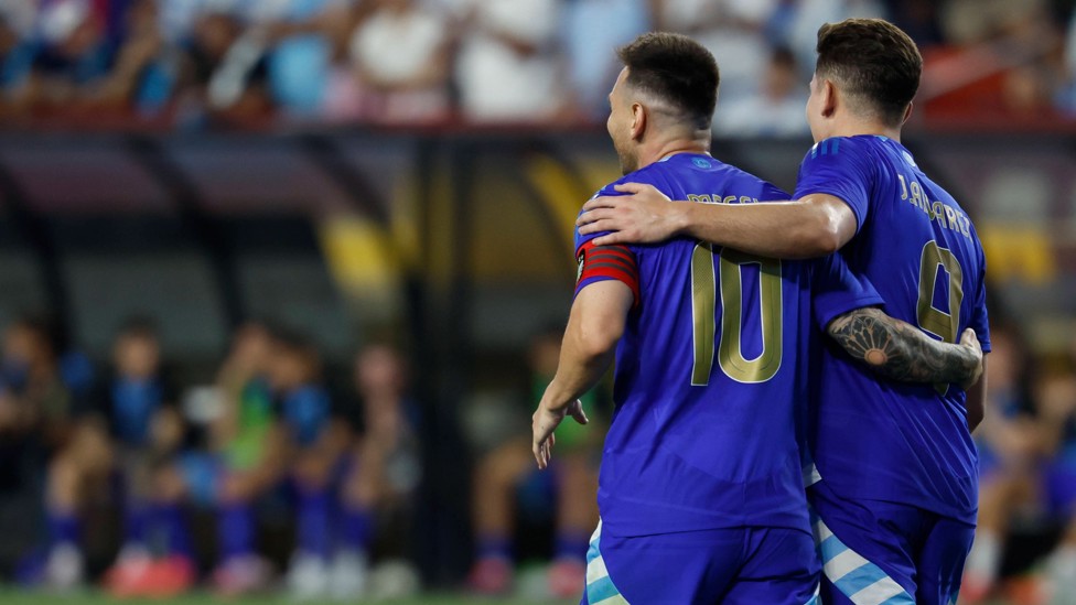 FRIENDLY FUN : Alvarez celebrates with Lionel Messi during the Copa America warm up match with Guatemala