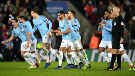 DELIGHT: Eric Garcia (far left) and the City players celebrate victory at the King Power Stadium