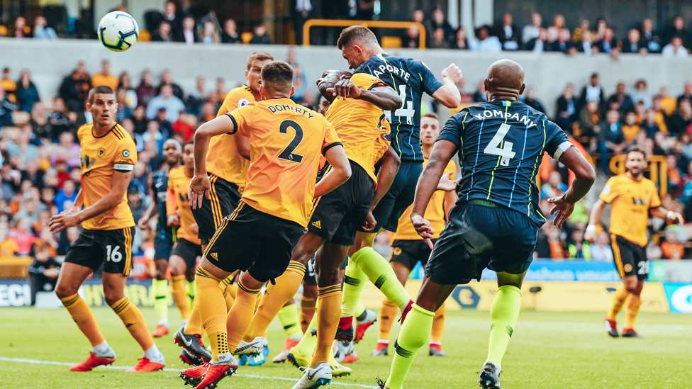 LEAPING LAPORTE : Aymeric showed his dominance in the air as he scored his first goal against Wolverhampton Wanderers on 25 August 2018.