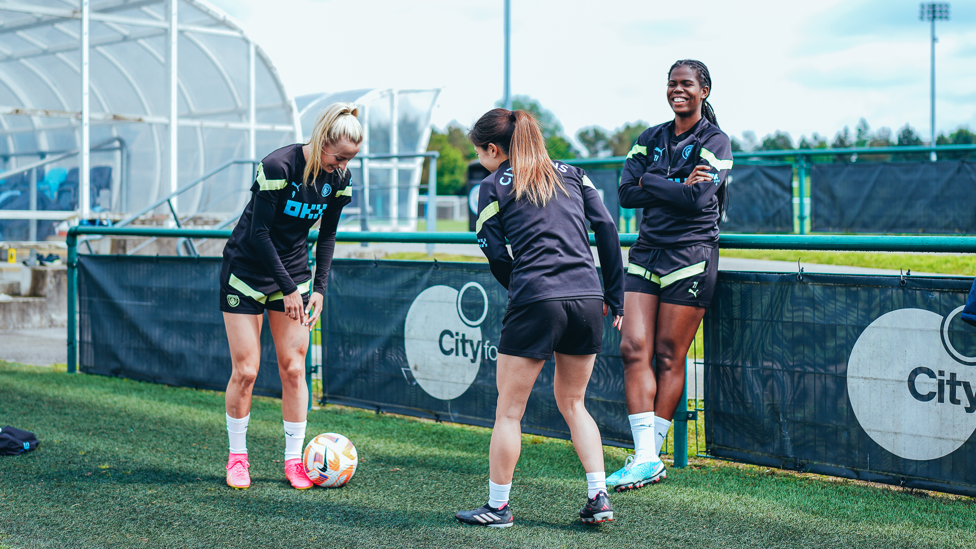 THREE CHEERS: Chloe Kelly, Yui Hasegawa and Khadija Shaw were in  great spirits at Tuesday's session.