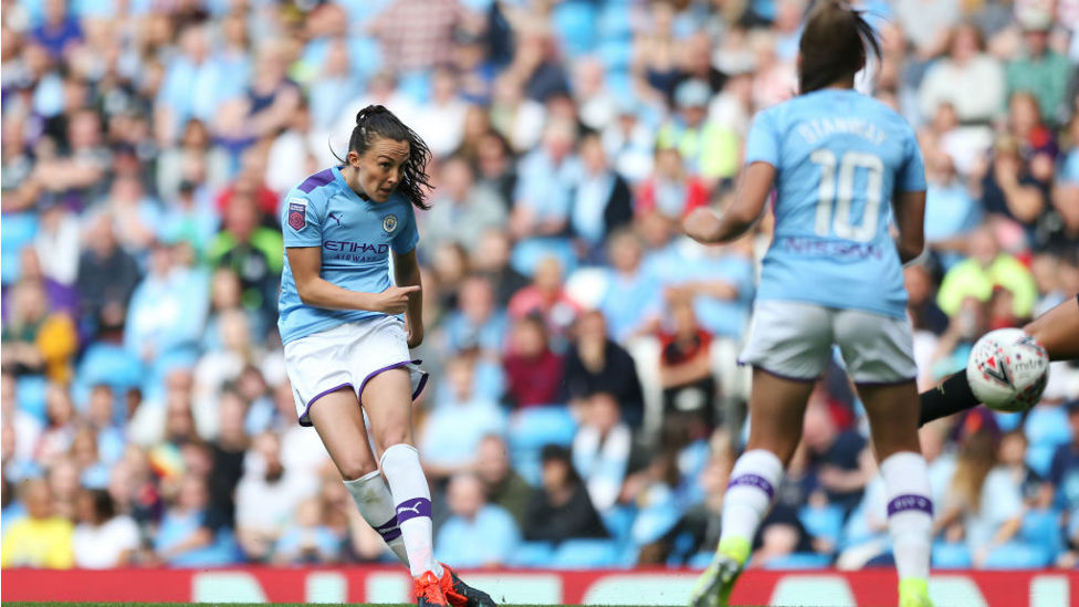 ICONIC : Caroline Weir smashes home the winner in the first professional Manchester derby in September 2019