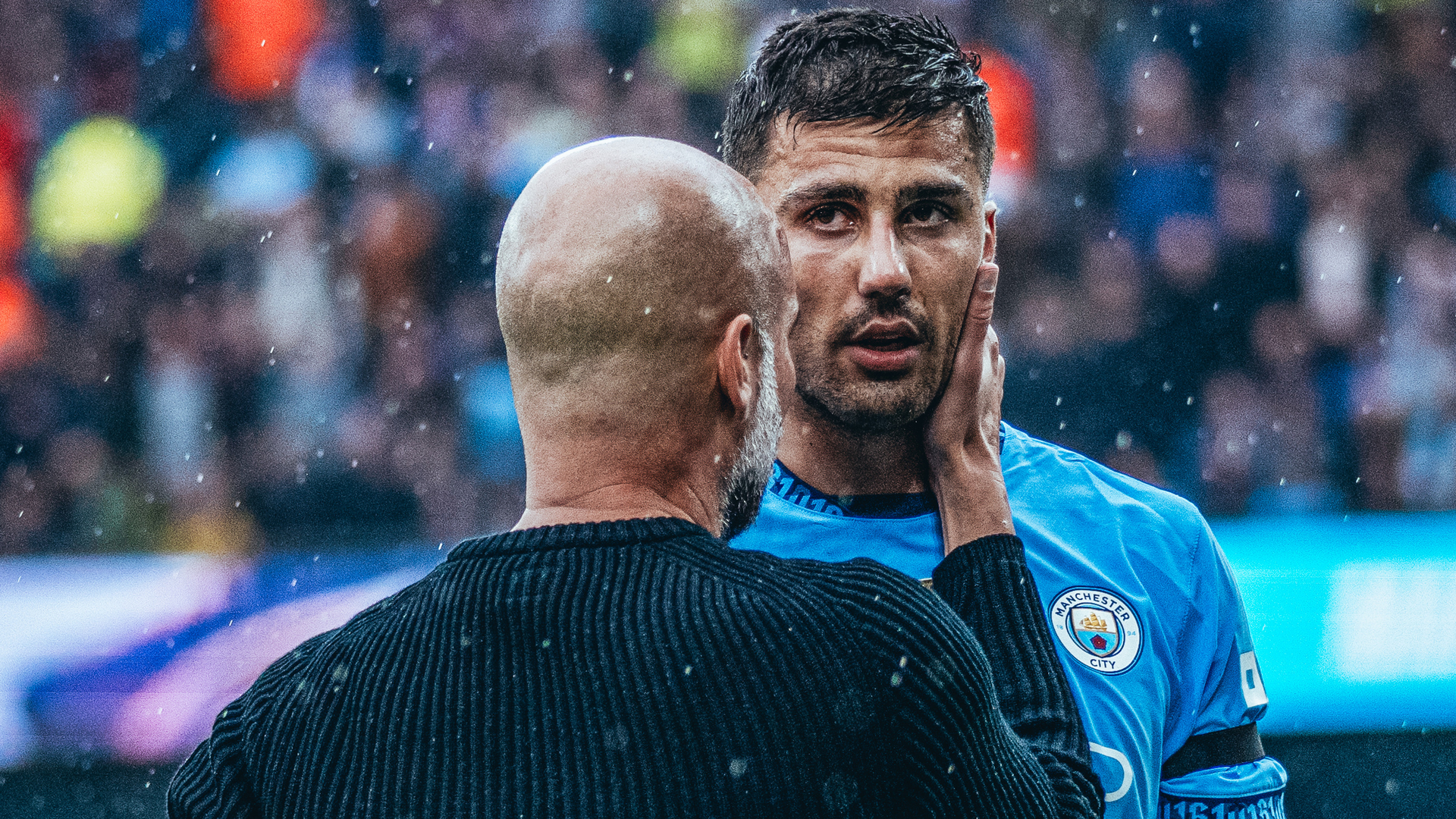 COMFORTING : Pep speaks to Rodrigo as he walks off against Arsenal