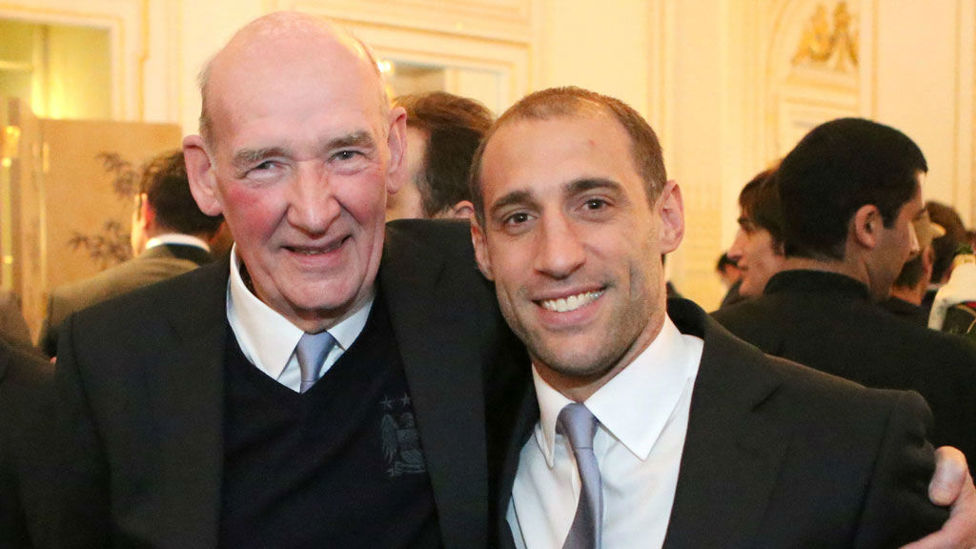 FOREVER BLUE : Bernard and former City star Pablo Zabaleta both cut quite a dash at an event to celebrate our 2012 title success