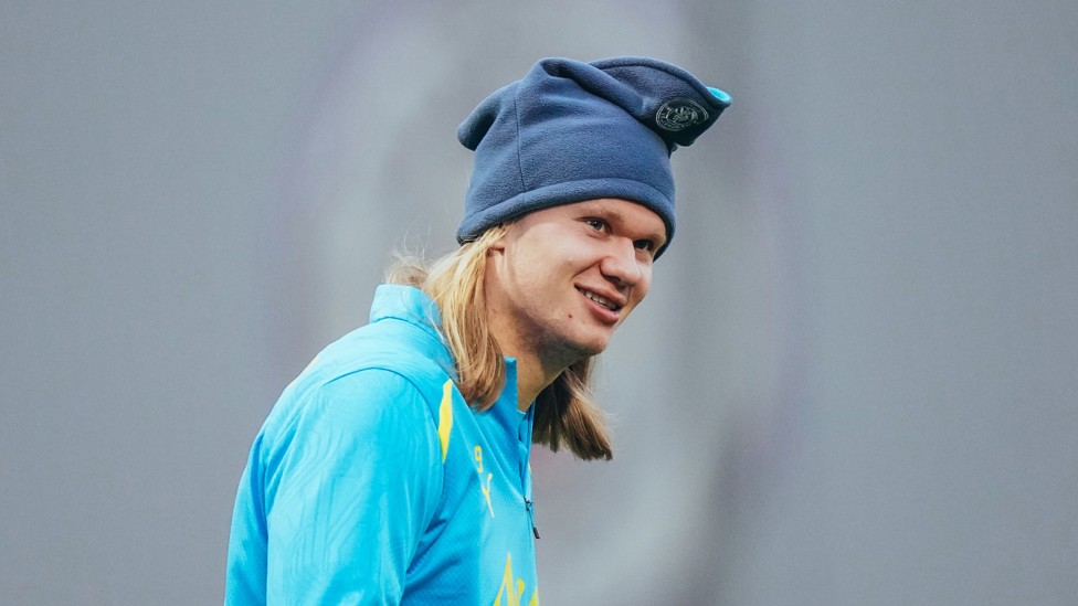 HAALAND'S HAT : Erling Haaland keeps warm