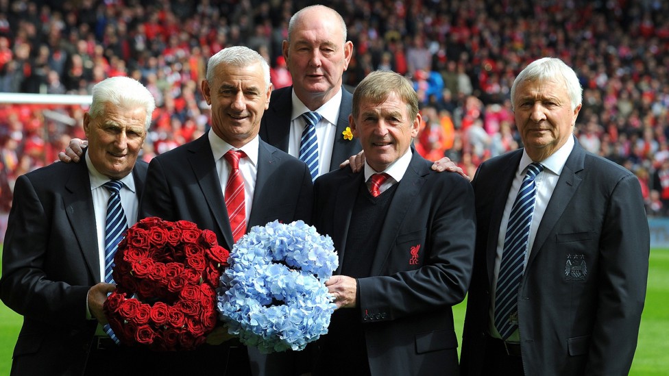 AMBASSADOR : Corrigan represents City alongside Mike Summerbee and Tony Book at a Hillsborough remembrance event