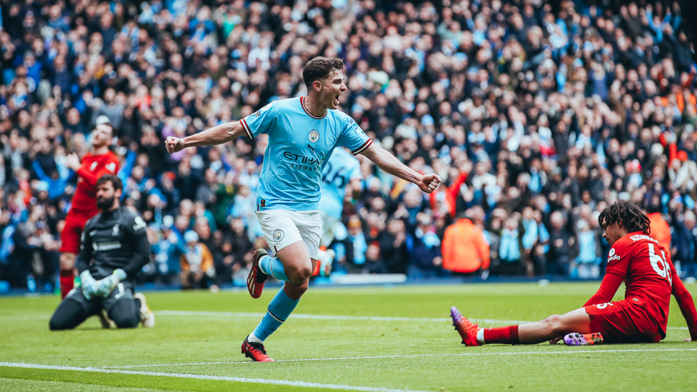 LEVELLER : Alvarez wheels away to celebrate the equaliser just before the half-hour mark.