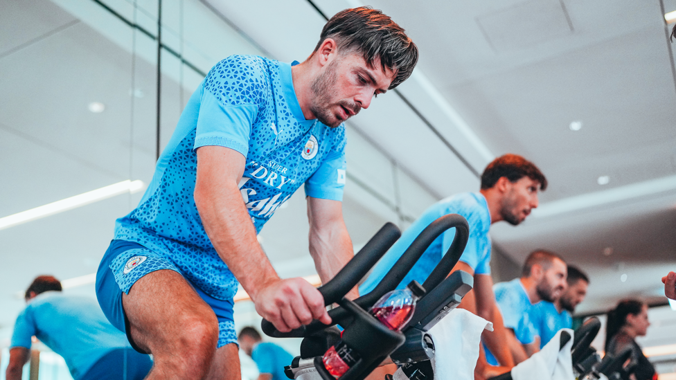 PEDALING ALONG : Jack Grealish working hard on the bike