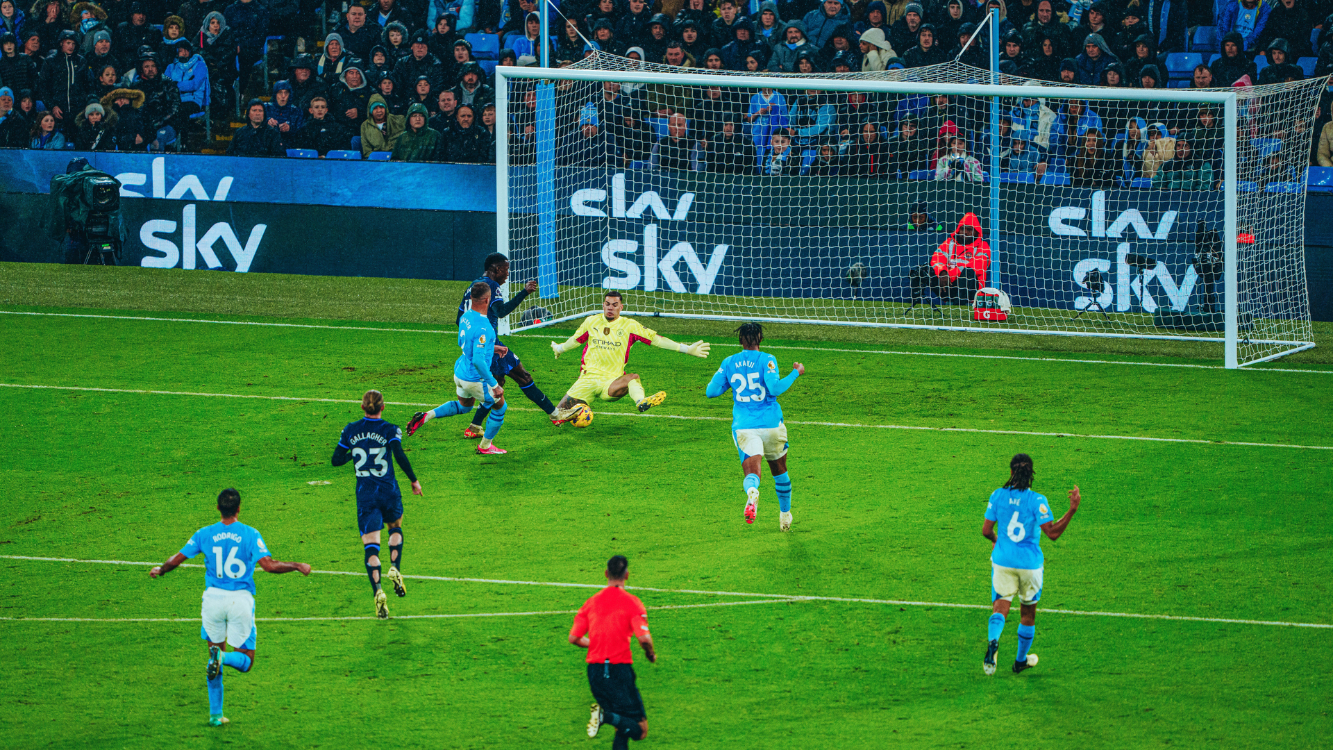 NO ENTRY: Ederson is there to deny Chelsea's Nicolas Jackson.