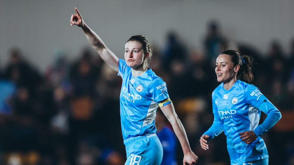 UP FOR THE CUP: Skipper Ellen White celebrates after putting City ahead against Chelsea