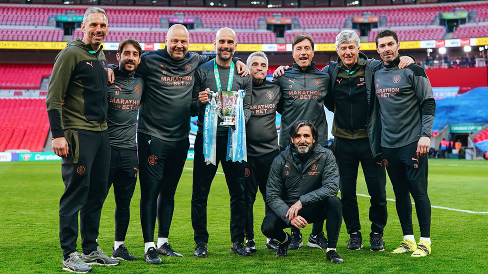 BACKROOM STAFF : Guardiola with his most trusted aides including Rodolfo Borrell and Juanma Lillo after the 2021 Carabao Cup final