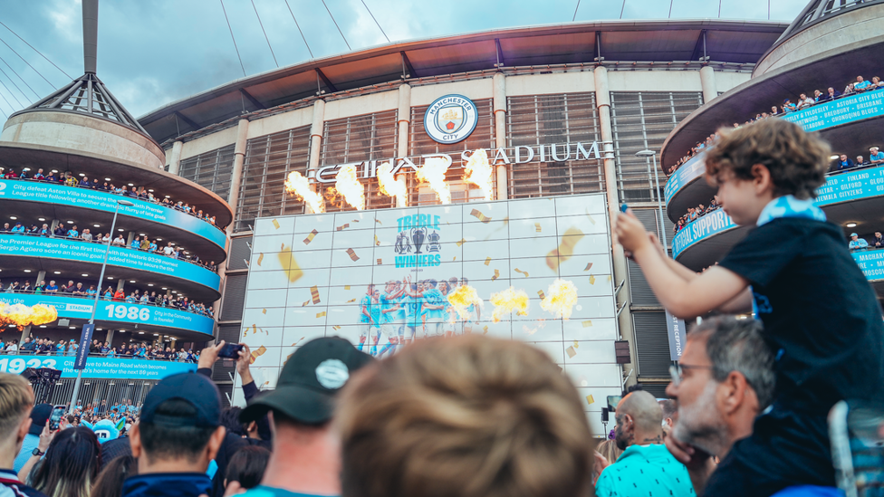 HEROES WELCOME: The City fans paraded around the Colin Bell Stand awaiting their City champions!