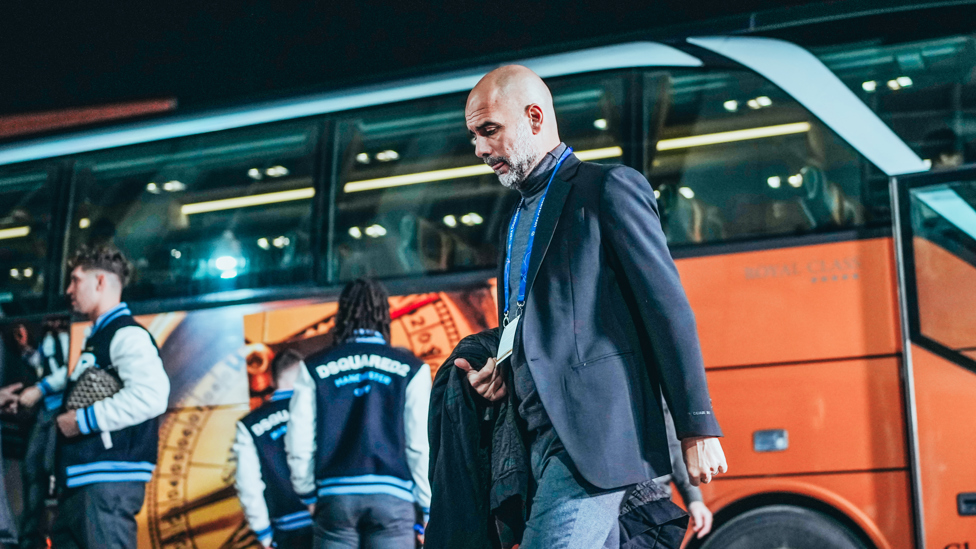 THE BOSS  : Pep Guardiola arrives for the match with Red Star,