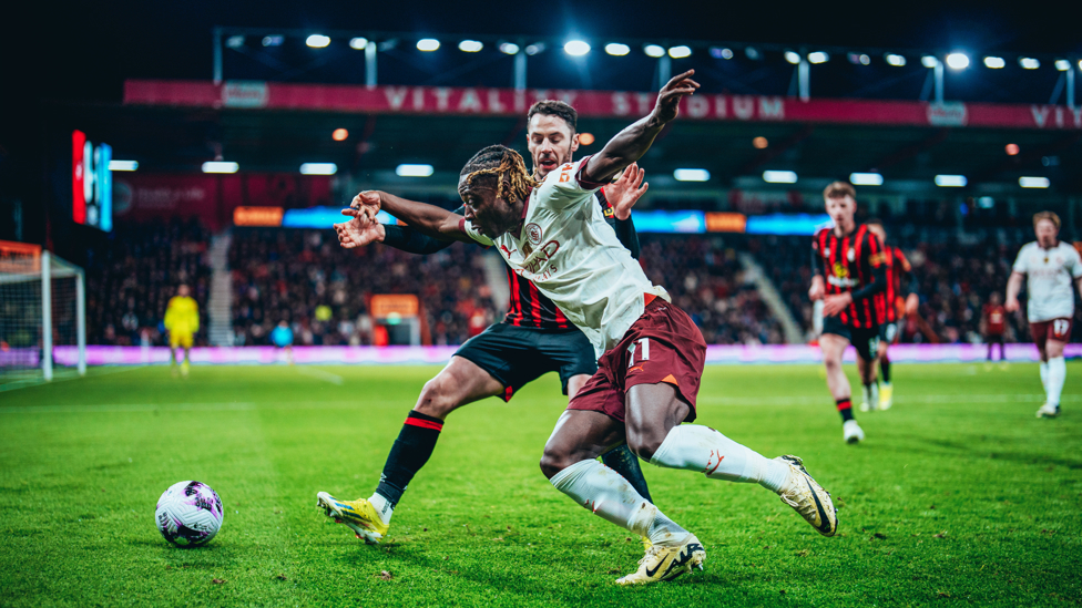 DARING DOKU : Jeremy Doku taking risks and tries to breeze past Bournemouth's players.