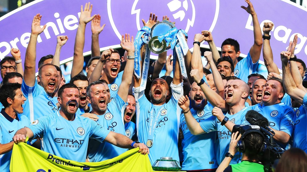 LEAGUE CHAMPIONS : Pep lifted the Premier League trophy after beating Brighton 3-1 in our final home game of the 2017/18 season.