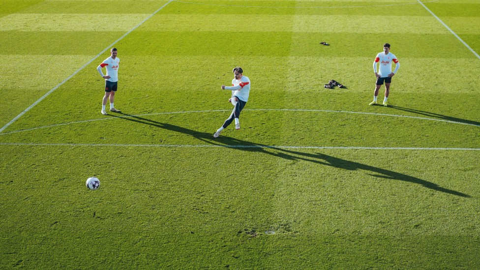 PRACTISE MAKES PERFECT : Jack Grealish getting involved in the shooting drills. 