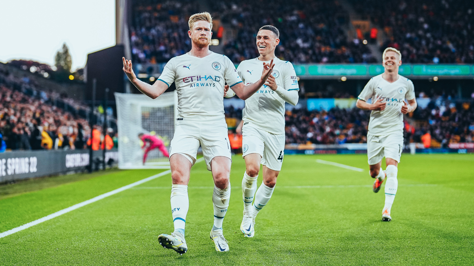 HAT-TRICK HERO : KDB celebrates scoring the third fastest hat-trick in Premier League history.